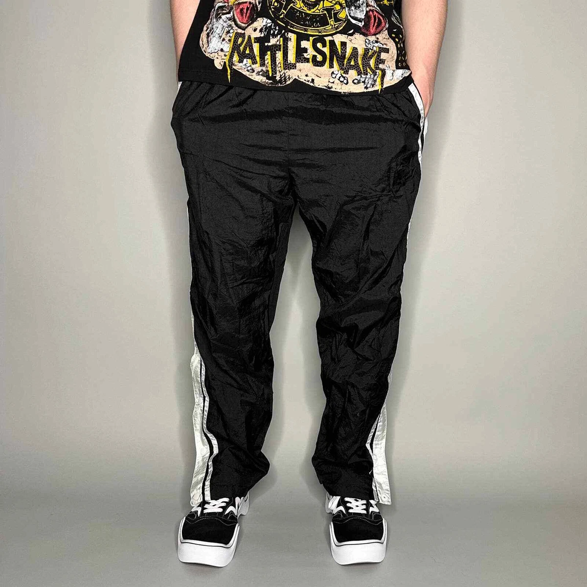 Vintage Breakaway Track Pants Mens M Nylon Jet Black White Baggy