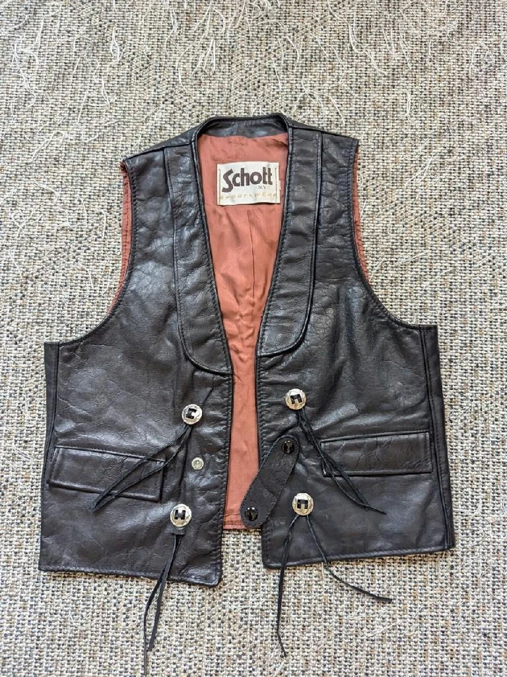 Chaleco vintage SCHOTT negro motocicleta 36-38 cuero negro solapa western CONCHO xs Foto 2 de 4