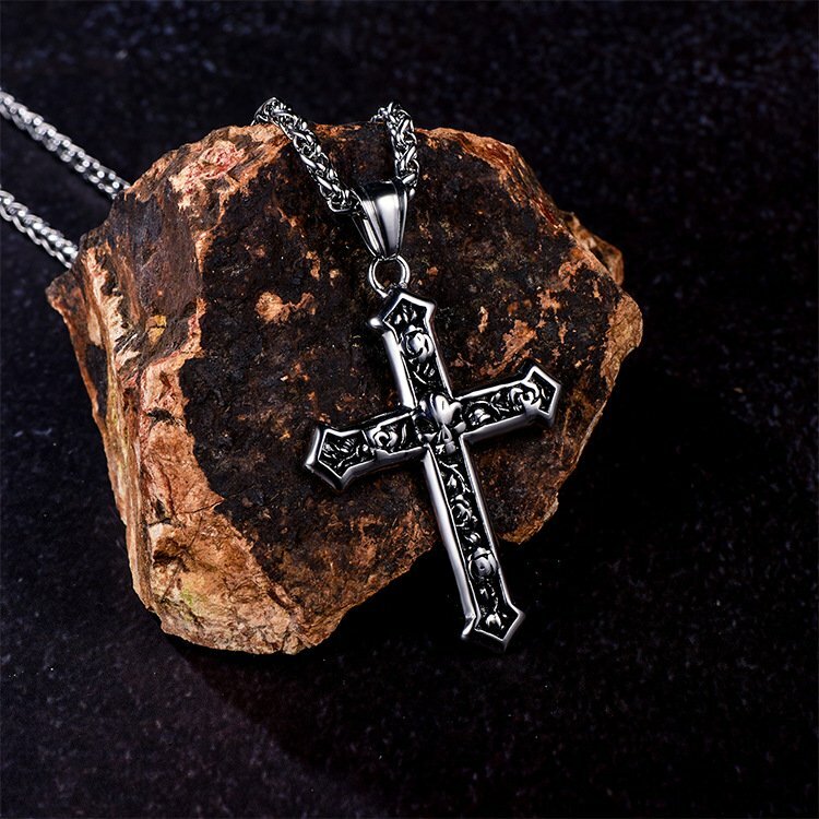 MENDEL Stainless Steel Men's Skull Biker Cross Pendant Necklace – 25 Inch Chain