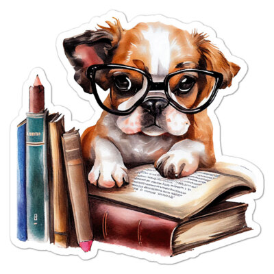 Puppy Reading Book, Vinyl Decal Sticker, Indoor Outdoor, 3 Sizes, #8790