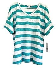 Chico's NWT Size 3 $59.50 Linen-Blend Aqua Shine-Stripe Tee Top Agua Azul