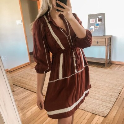 Bohme Ruffled Two Tone Trim Bohemian Button Down Long Sleeve Brown Mini  Dress XS | eBay