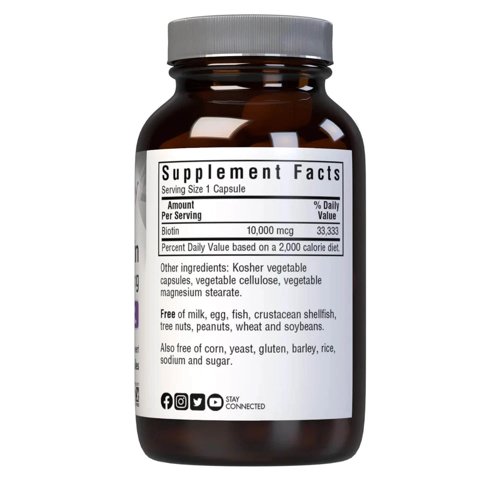 Bluebonnet Ally Biotina 10.000 Mcg 90 Cápsulas Vegetales, Para Cabello y Piel Foto 2 de 4