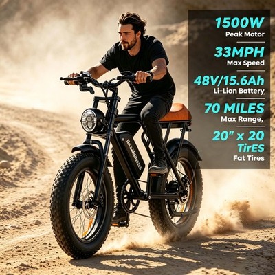 Electric Bike for Adults 1500W Peak 60 Miles 48V 15AH 20'' Fat Tire E Bike