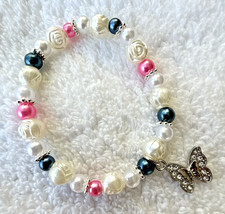 Handmade Girls Pearl Butterfly Stretch Bracelet-Pink Blue-Flower Girl-Wedding