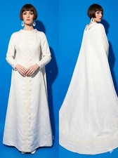 Vintage 1960s Wedding Gown Off White High Neck Renaissance Cape Train Mod Small