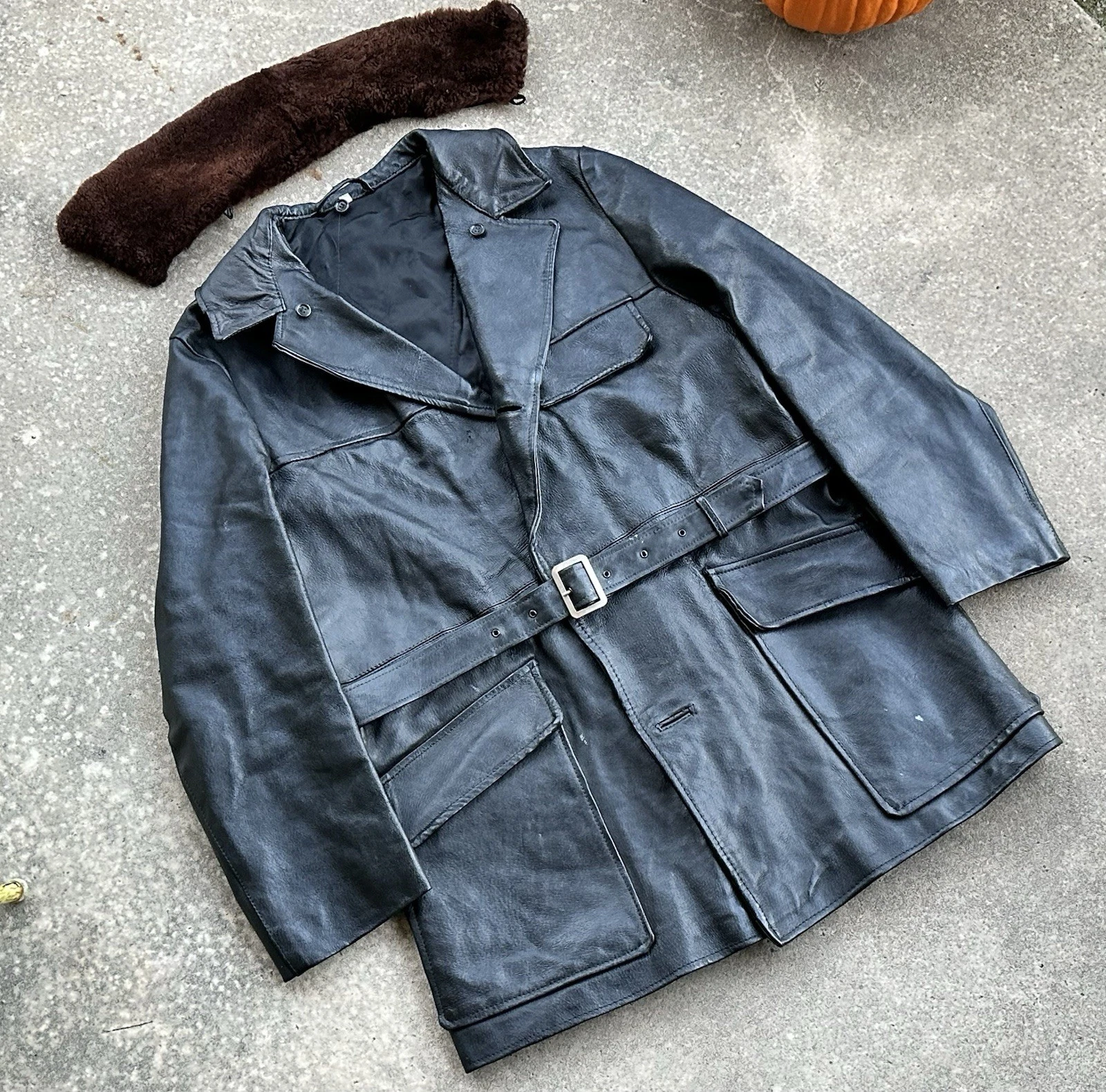 Vintage Leather Belted Barnstormer Coat Aviation Old War Jacket Removable Collar image 2