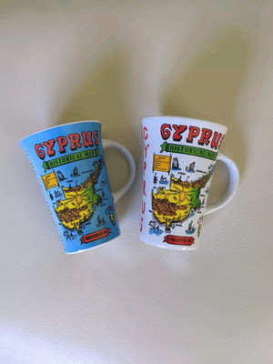 Vintage Pair Ceramic Cyprus Historical Map Coffee Mugs