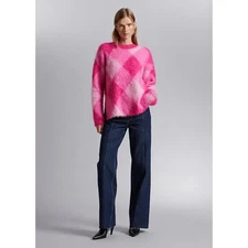 NWT & Other Stories Pink Plaid Mohair Sweater Size S Diamond Pattern Crew Neck