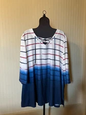CATHERINES~4X~Artsy Red/Whit/Blur Stripe~3/4 SLV~Lace Up Neckline~Knit Tunic Tee
