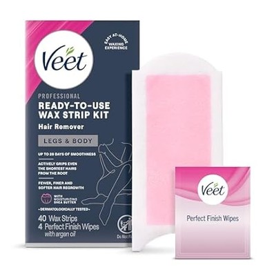 VEET Sugar Wax Strips for Women, 40ct Hair Removal Kit, Shea Butter Wipes