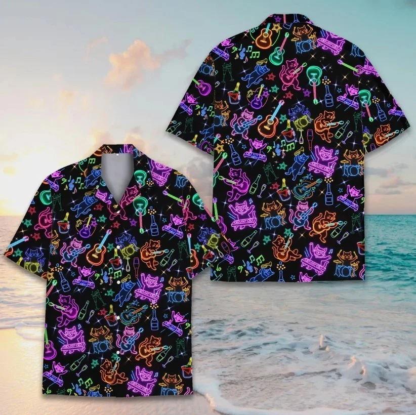 Neon Cat Party Hawaiian Shirt for Men Women , Funny DJ Music Shirt