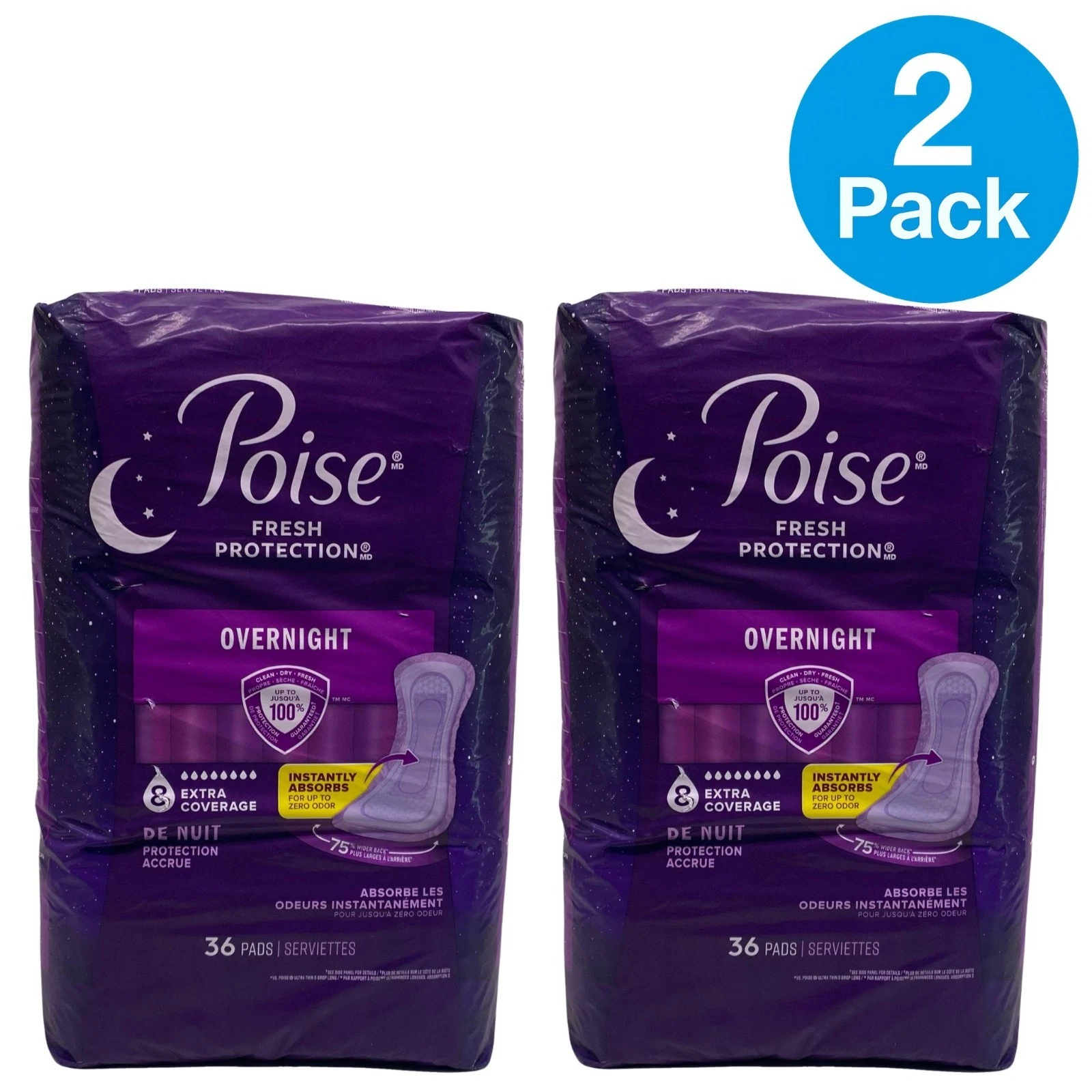 Poise Fresh Protection Overnight Pads 36 Ct 2 Pack New