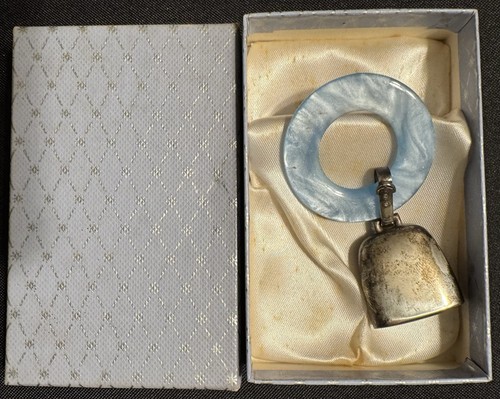 Vntge 2 Gorham Sterling Silver Blue Baby Teething Ring W Original Silk Lined Box - Picture 2 of 5