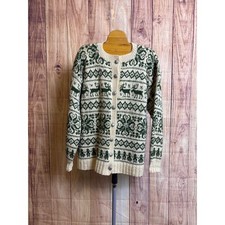 Wool 100 Knit Cardigan Sweater Green and Cream Women's Size M READ