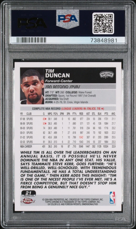 Topps 2003 refractor cromado #21 Tim Duncan PSA 10 Foto 2 de 2