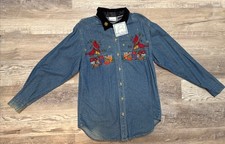 Vtg Bobbie Brooks Embroidered Denim Blue Jean Shirt Christmas Cardinal  s Sz S