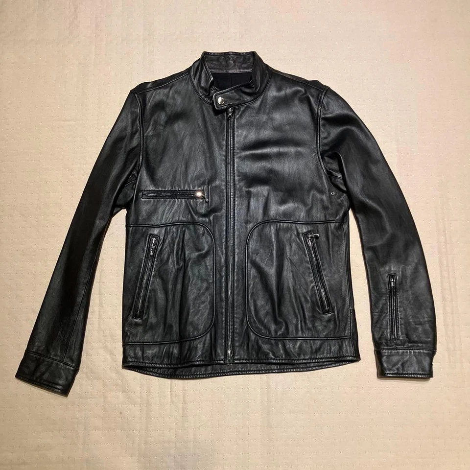 SOPHNET. Black Leather Jacket M Camouflage Zipper Riri Style Used - Image 2 of 4