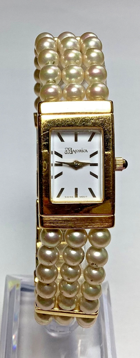 MAJORICA ブレスレットウォッチ18KGP 三連 Vintage Majorica Faux Pearl 18K Gold Electroplated Bracelet Watch