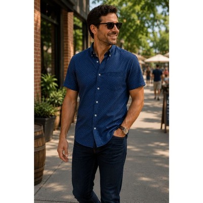 WRK Work Rest Karma Slim Button Shirt Blue Dot Cotton XL Short Sleeve Casual