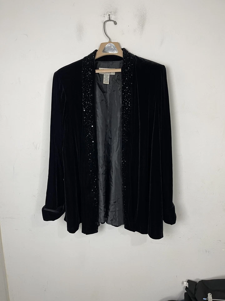 Chaqueta cárdigan JR Nites para mujer 2X negra terciopelo lentejuelas cuentas fiesta  Foto 2 de 4