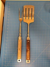 Vintage BBQ Grill Set Fork Spatula Wood Handle Stainless Steel Barbecue Utensils