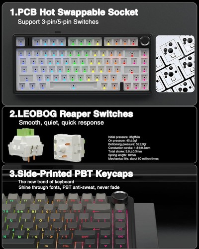 AULA F75 Pro Wireless Mechanical Keyboard,75% Hot Swappable Pro-Black - 第 5/8 張圖片