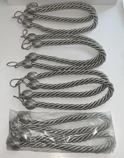 Pair of Silver, Gray Braided Rope Design Curtain Tie Backs Lot Of 8 Home Decor