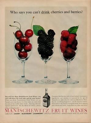 1958 Wine Alcohol Manischewitz Fruit 50s Vintage Print Ad Cherry Black Raspberry