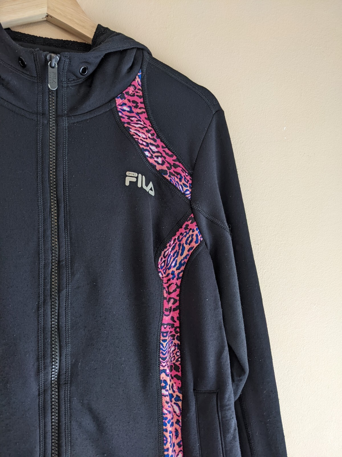 Felpa giacca vintage FILA nero rosa poliestere spandex full zip con cappuccio giacca donna large