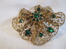 Older Vintage Czech Gold Tone Filagree Pendant with 18 Green Crystal Stones