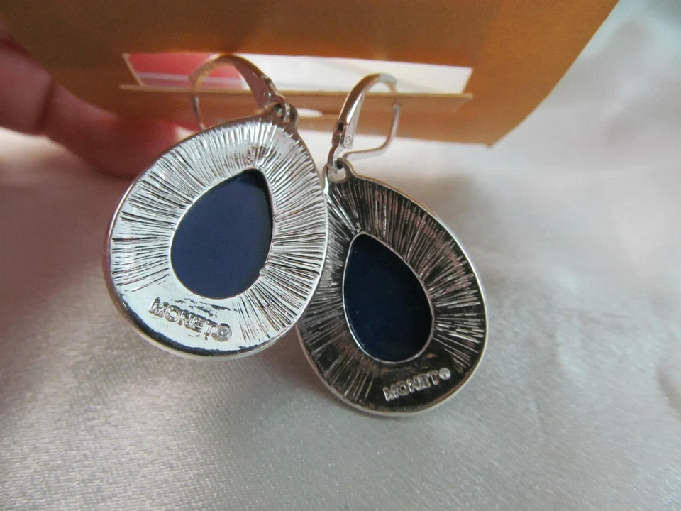 PENDIENTES COLGANTES LÁGRIMA ASPECTO "LAPIS" AZUL PLATA Y CRISTAL AZUL NUEVOS CON ETIQUETAS Foto 4 de 4