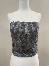 Corset Bustier 8/10 Gray Silver Sequin Satin Lined Top Zip Back Strapless Prom