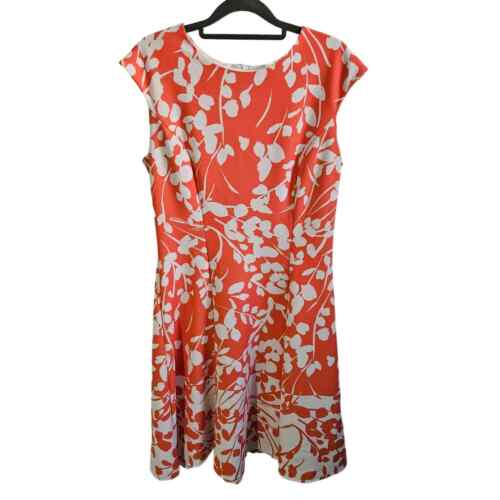 Adorne Women's 10 Cap Sleeve Sheath Dress Peach Orange Leaf Print Summer Midi - Afbeelding 1 van 6