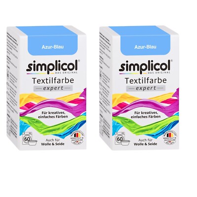 Simplicol Fabric Dye Expert 2x Color AZUR BLUE for 600g Fabric also for Wool