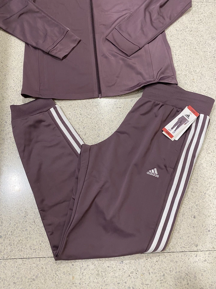 NWT ADIDAS WOMENS 2 PIECE TRACK SET JACKET AND SWEATPANTS PURPLE 3 STRIPE SZ L - Image 2 of 4