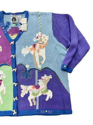 Storybook Knits Sweater Carousel Ride Horse Cardigan Rare Sz 3XL