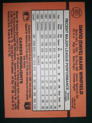 1990 Donruss card #551 - Dave Winfield - HoF - *ERROR* Baseball