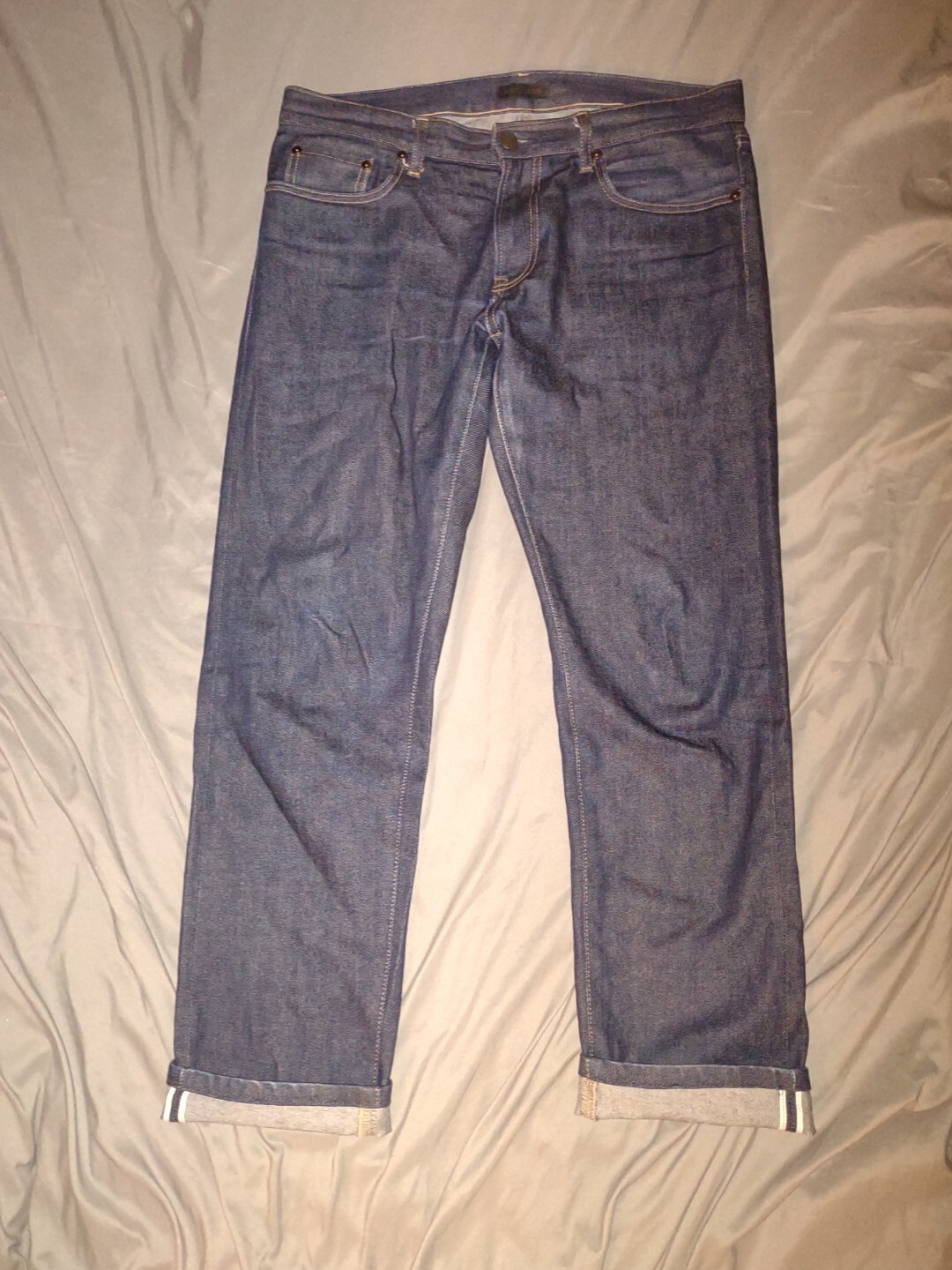 mens indigo dark wash UNIQLO selvedge jeans slim stra… Gem