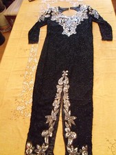 VINTAGE ORIGINAL HEAVILY SILVER SEQUINED BEADED- RETRO CHIC BLACK EVENING GOWN