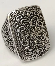 Large Silvertone Filigree Oxidized Design Ring - 9