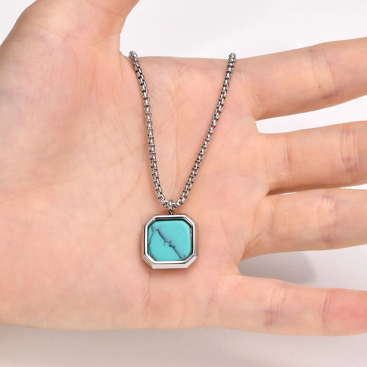15mm Square Turquoise Pendant Necklace Silver Stainless Steel 60cm Wedding Chain