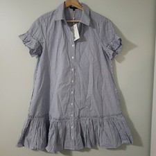 Quince Womens 100% Cotton Poplin Short Sleeve Ruffle Shirt Dress Sz S Blue Strip