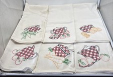 Lot Of 6 Embroidered Kitchen Tea Towels Teapots Fruit Red Black Large 34x34 VTG