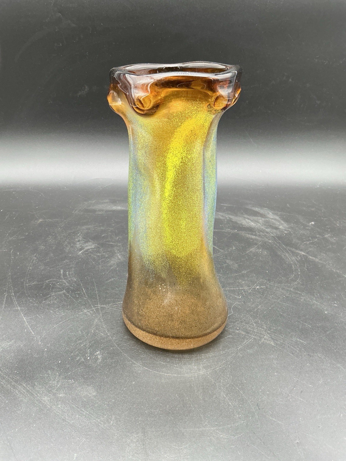 Vintage Murano Style Iridescent Art Glass Vase Gold Aurene Applied Amber Rim