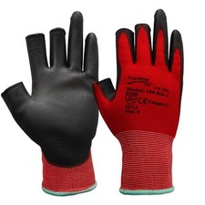 3 Fingerless Cut Resistant Gloves Red Black PU Coated Mechanic Work Gloves