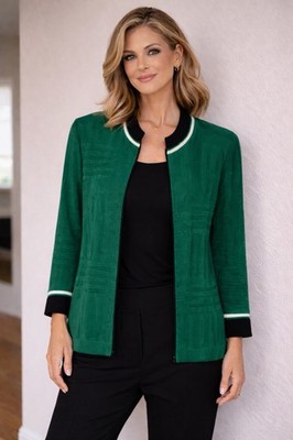 Ming Wang NEW Textured Knit Contrast Trim Cardigan Sweater Green Black S