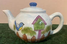 Teapot Handpainted Bird And Birdhouse Ceramic
