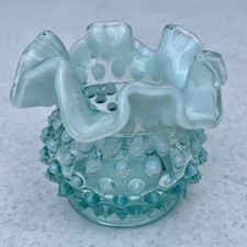 Vintage Fenton Glass 3 Vase Blue Opalescent Hobnail Ruffled Rim Double Crimp