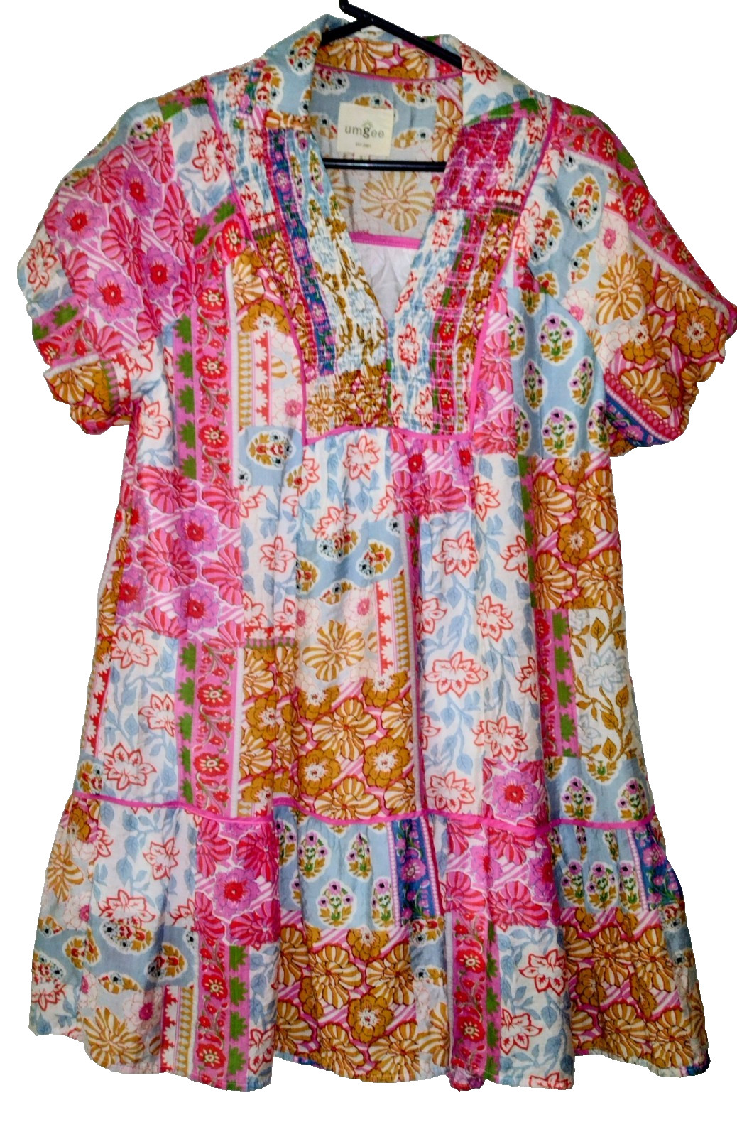 Umgee womens S smocked dress ruffled loosefit puff sleeve Boho midi V-neck lined